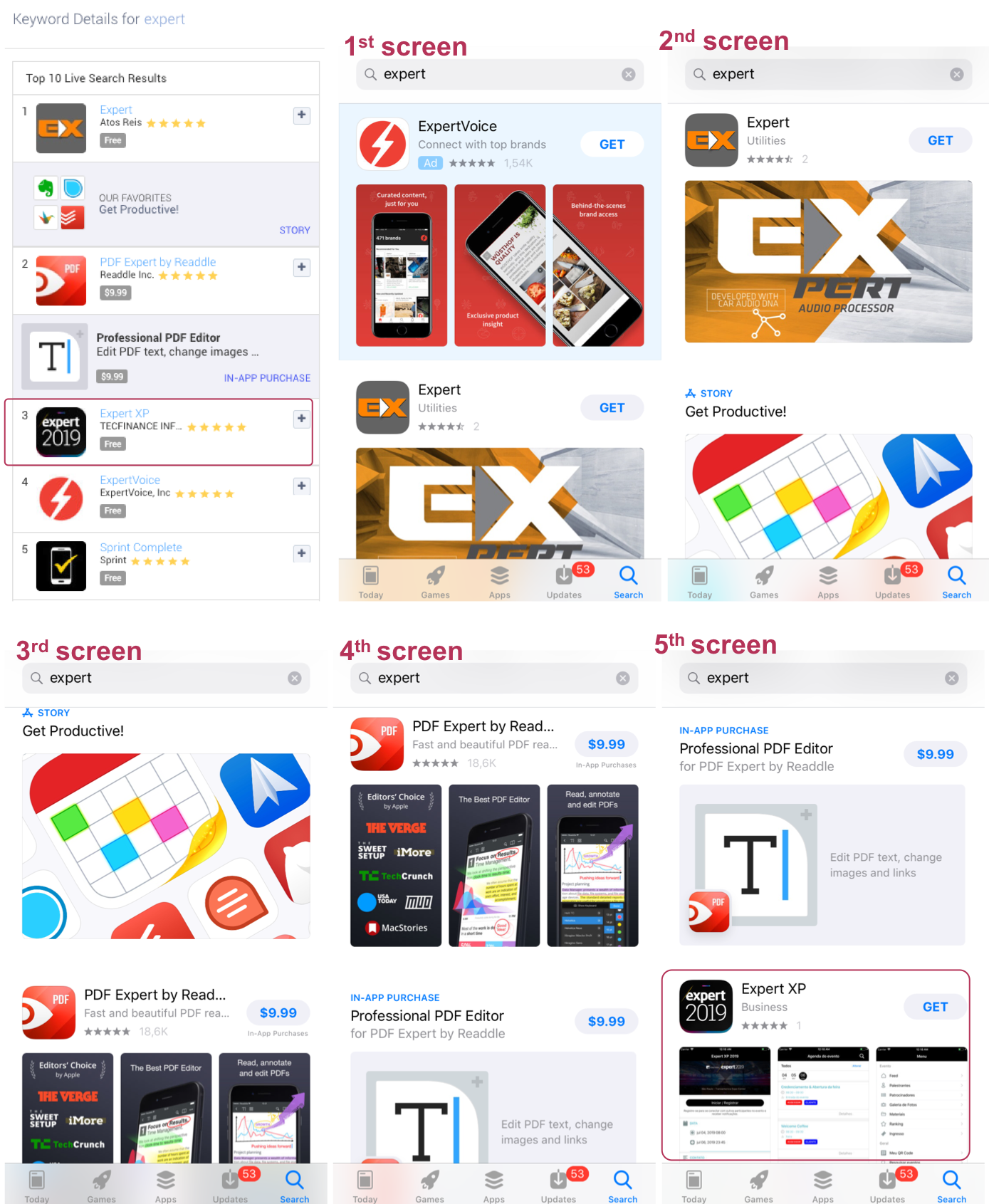 The app Expert XP is the 3rd app to rank on “expert” in the US App Store, but it is only visible in Search Results on the iPhone after 4 scrolls. 